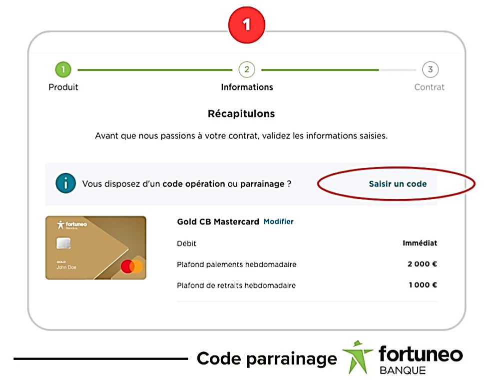 Exemple de Fortuneo pour saisir le code parrain et toucher une prime immédiatement à l'ouverture du compte
