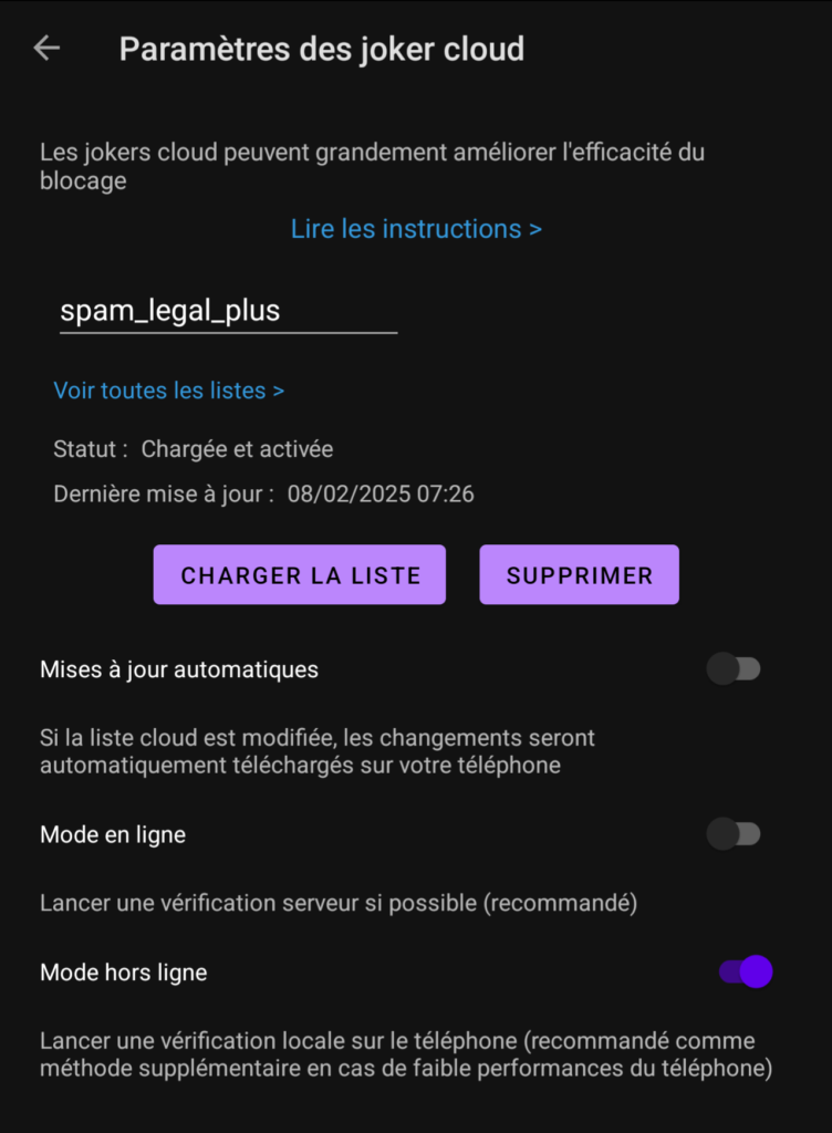 Vous pouvez télécharger gratuitement des listes de blocage complémentaires avec la fonction Joker Cloud.