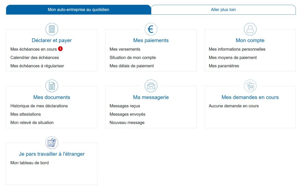 Page d'accueil de votre compte Urssaf pour déclarer votre chiffre d'affaires et payer vos impôts